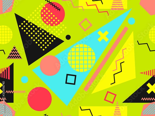 Obraz Memphis seamless pattern with geometric shapes in the style of the 80s. Eighties print colorful background for promotional products, wrapping paper and printing. Vector illustration