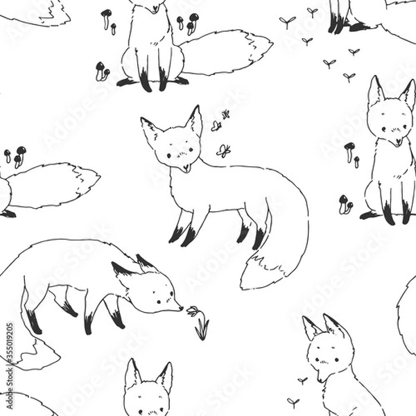 Fototapeta Vector seamless pattern with cute foxes isolated on white. Hand drawn texture with cartoon animal characters in sketch style.