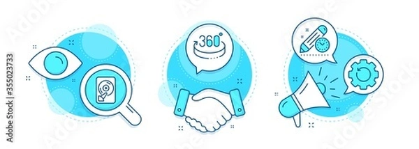 Fototapeta Recovery gear, Hdd and 360 degrees line icons set. Handshake deal, research and promotion complex icons. Project deadline sign. Backup info, Memory disk, Full rotation. Time management. Vector
