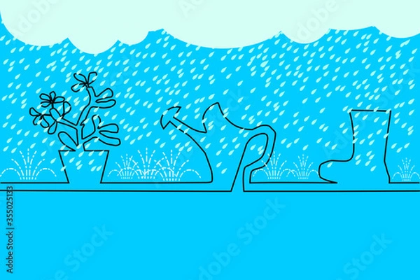 Obraz Abstract Line art drawing of ornamental plants, watering pot and rubber boots during raining time for background, Gift Wrap ,wallpaper, fabric print, cloth texture, illustration.