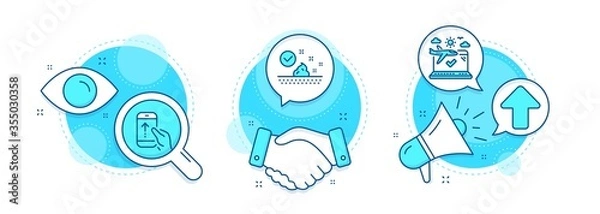 Fototapeta Airplane travel, Swipe up and Skin care line icons set. Handshake deal, research and promotion complex icons. Upload sign. Check in, Scrolling screen, Face cream. Load arrowhead. Business set. Vector