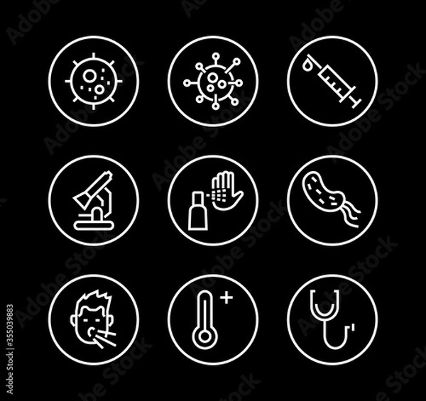 Fototapeta CORONAVIRUS set of icons on the theme of coronavirus, contains icons such as antiseptic, hand washing, mask, bacteria, sneezing, temperature Editable stroke, Vector illustration