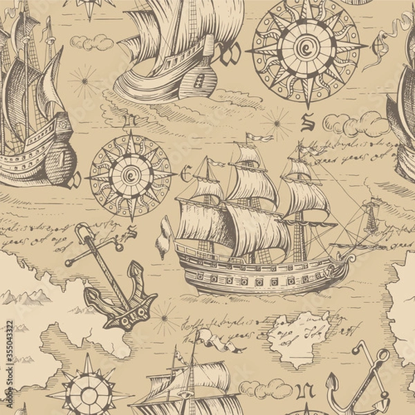 Obraz Vector abstract seamless pattern on the theme of travel, adventure and discovery and pirates. Vintage repeating background with hand-drawn ships, anchors, wind rose and islands.