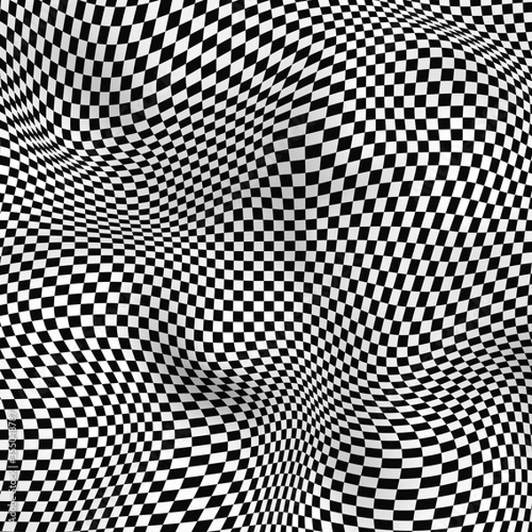 Fototapeta Abstract checkered black and white curved background. Space warp distort abstraction