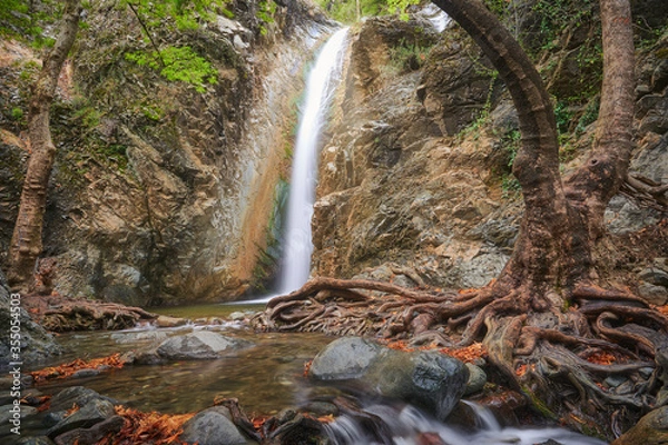 Fototapeta Autumn landscape with beautiful small waterfall splashing in the canyon and yellow autumn maple leaves in the ground at Troodos mountains in Cyprus - Panorama Millomeri waterfall 