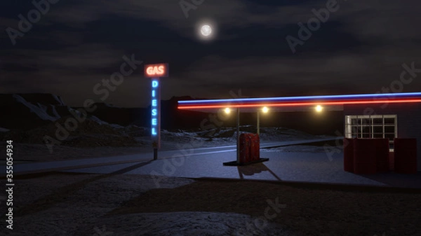 Obraz 3D rendered night scene with gas station at the Arizona desert