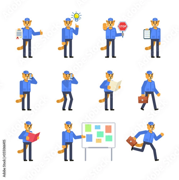 Fototapeta Set of cat courier characters in various situations. Cat postman holding document, stop sign, reading book, running, walking and showing other actions. Minimal design vector illustration