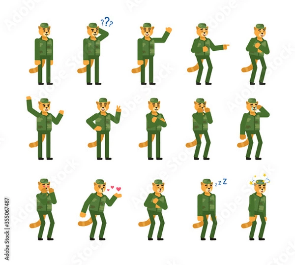 Obraz Set of cat soldier characters showing various emotions. Military cat crying, laughing, tired, angry, sleeping and showing other expressions. Minimal design vector illustration