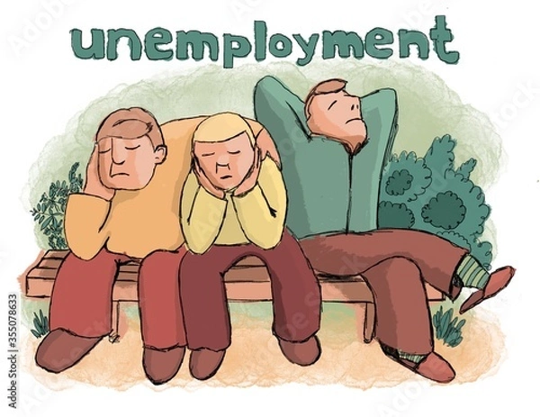 Fototapeta Three sad men sit lounging on a bench and the inscription unemployment on top.