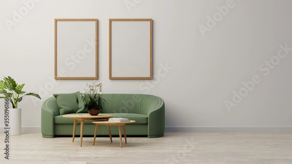 Fototapeta Interior poster mock up living room with colorful white sofa . 3D rendering.