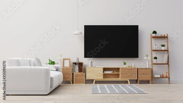 Fototapeta Interior poster mock up living room with colorful white sofa . 3D rendering.