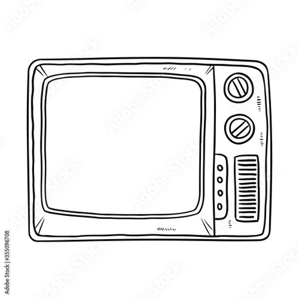 Obraz Retro TV doodle image. Cute vintage television black outline logo. Sketch lineart. Media highlights graphic vector symbol on white background