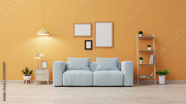 Fototapeta Interior mock up living room with sofa and green plants,lamp,table on Yellow wall background. 3d rendering