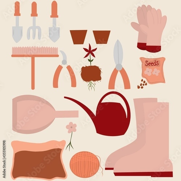 Fototapeta Set of garden tools, illustration of garden elements 