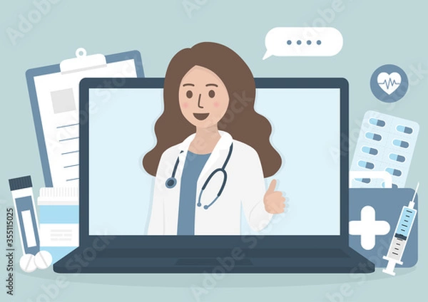 Fototapeta Computer screen of female doctor with stethoscope, health icons on background. Online doctor, medical consultation and healthcare concept. Flat vector illustration.