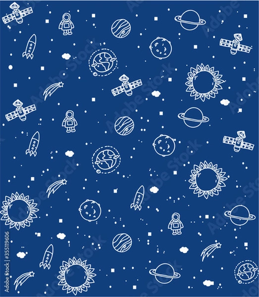 Obraz background with a pattern on a blue background cosmos rocket planets and satellite
