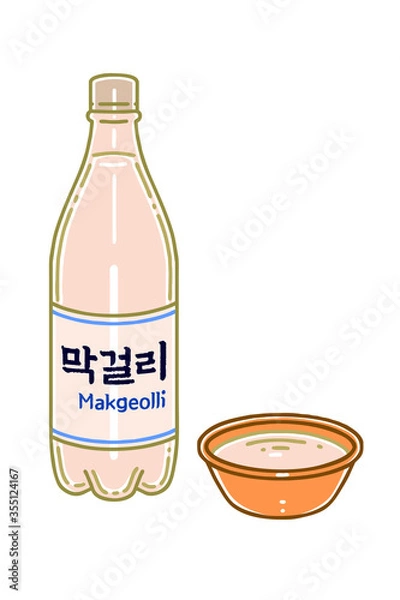 Obraz Makgeolli is a Korean alcoholic beverage. The letter written on the bottle means makgeolli. Colored vector illustrations set.
