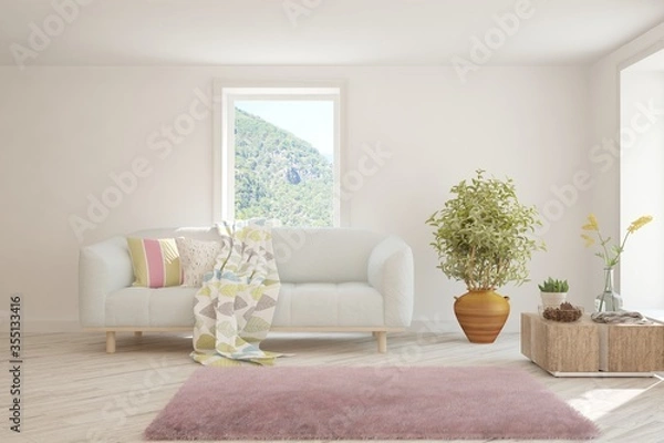 Fototapeta White stylish minimalist room with sofa. Scandinavian interior design. 3D illustration
