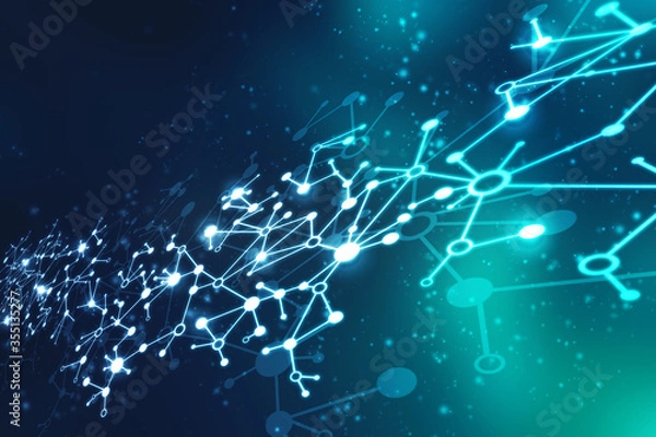 Obraz Abstract futuristic - Molecules technology with polygonal shapes on dark blue background. Illustration Abstract design digital technology concept.