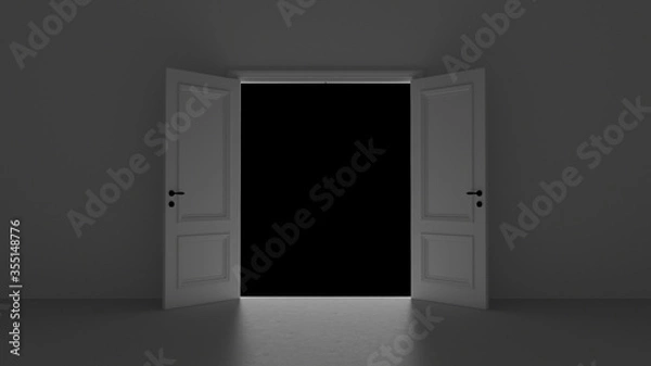 Fototapeta 3d render open door in dark room on a black background
