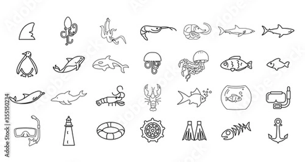 Fototapeta sea line icon set with sea animals, shark, scuba mask, shrimp. fish, ship, crayfish, dolphin, whale, killer whale, jelly fish