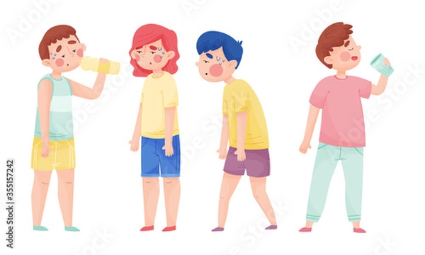 Fototapeta People Characters with Beads of Sweat on Their Forehead Drinking Cool Water from Bottle and Glass Vector Illustrations Set