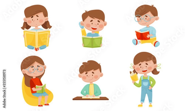 Fototapeta Kids in Sitting and Lying Pose Reading Book Vector Illustrations Set