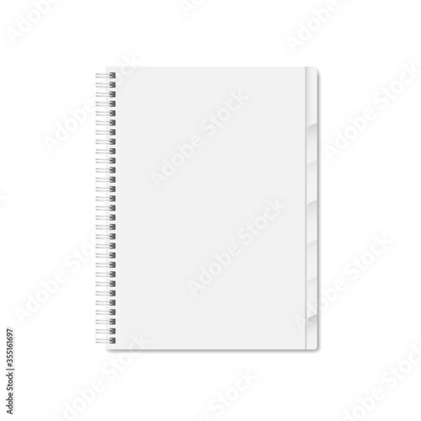 Fototapeta Blank white notebook cover. Vector mock up ESP 10. Vertical blank spiral copybook, organizer or diary with tab divider pages on white background.
