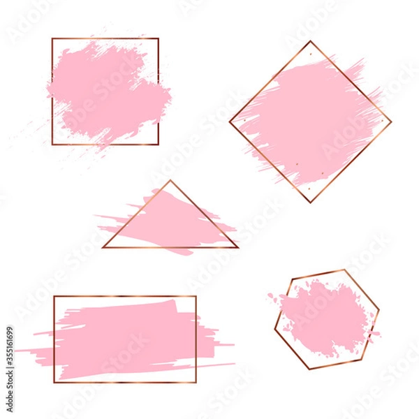 Fototapeta Set of pink brush strokes in gold frames isolated on white. Vector illustration EPS 10. Square, triangle, rectangle and rhombus frames with pastel pink brush or pencil strokes within.