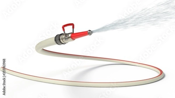 Fototapeta fire hose with modern nozzle squirting water. isolated on white background. 3d illustration