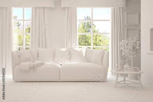 Fototapeta Stylish room in white color with sofa and green landscape in window. Scandinavian interior design. 3D illustration