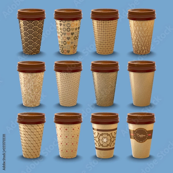 Fototapeta Set of realistic cardboard coffee drinking cups with lids template