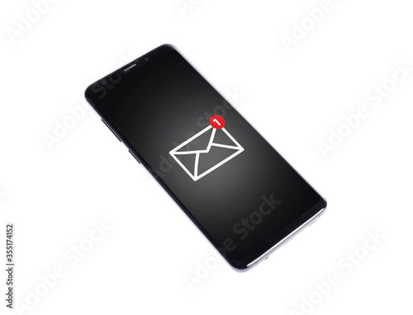 Fototapeta An unread email notification:Background white,new message on smartphone screen.Home screen black gray mocap.