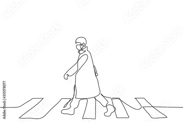 Fototapeta The full-length figure of a man dressed in a cloak and walking along a pedestrian crossing. A man alone walks at a wide pace, waving his arms wide. Can be used for animation.