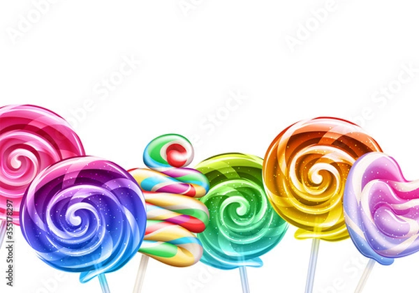 Fototapeta Colorful rainbow lollipops background - sweet hard candies on stick.