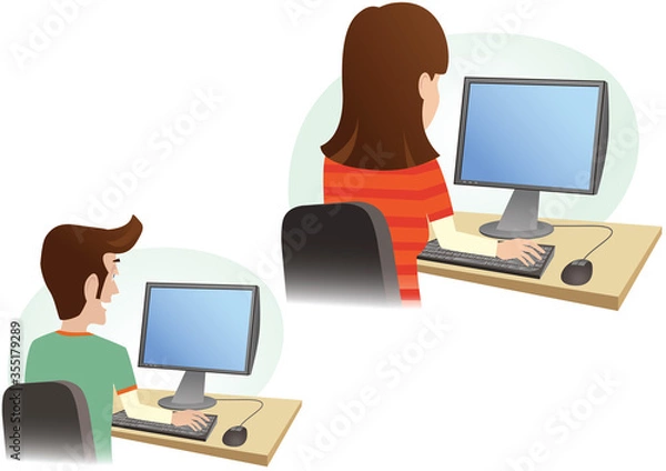 Fototapeta Man and woman at computer monitor