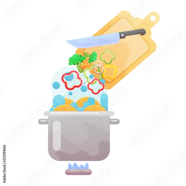 Fototapeta vegetables fall into a pot of boiling water standing on fire