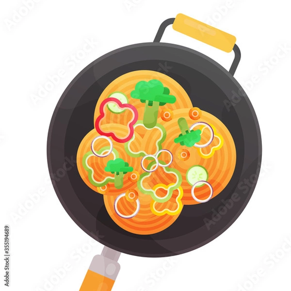 Fototapeta Asian food. Wok pan. Chinese noodles with shrimp, pepper and onion.