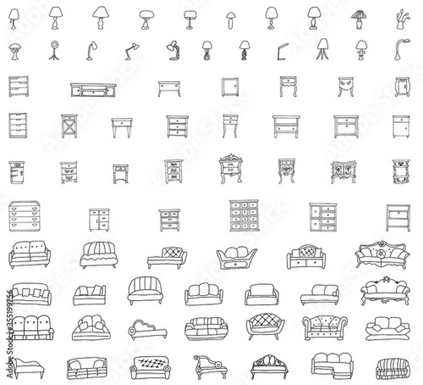 Fototapeta Set of modern and antique chests of drawers, tables, sofas, couches, lamps  is made in the style of a sketch. Doodles isolated on a white background. Vector drawn collection of furniture.