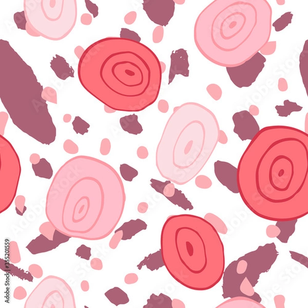 Fototapeta Abstract bloom seamless pattern. Peonies flowers and round Shapes isolated on white. Blossom colorful background design for print. Trendy stock vector illustration drawn by hand.