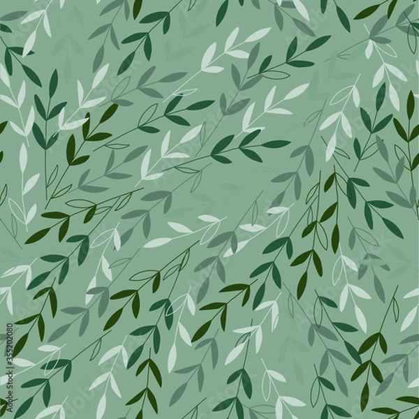 Fototapeta Vector branches with leaves in the wind. Dark green and white, perfect for christmas wrapping paper, wallpaper, textile design, stationery. Seamless pattern