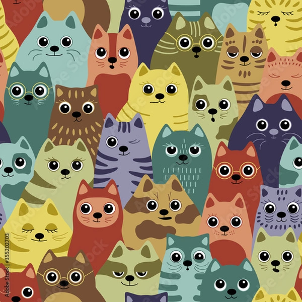 Fototapeta Seamless pattern with cats. Big company of cats of different breeds. Background for fabric, textile, wallpaper, posters, gift wrapping paper, napkins, tablecloths. Print for kids, children