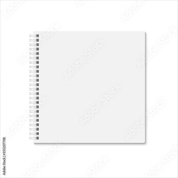 Fototapeta Blank white square notebook cover. Vector mock up ESP 10.  Vertical blank spiral copybook, organizer or diary with shadow on white background.