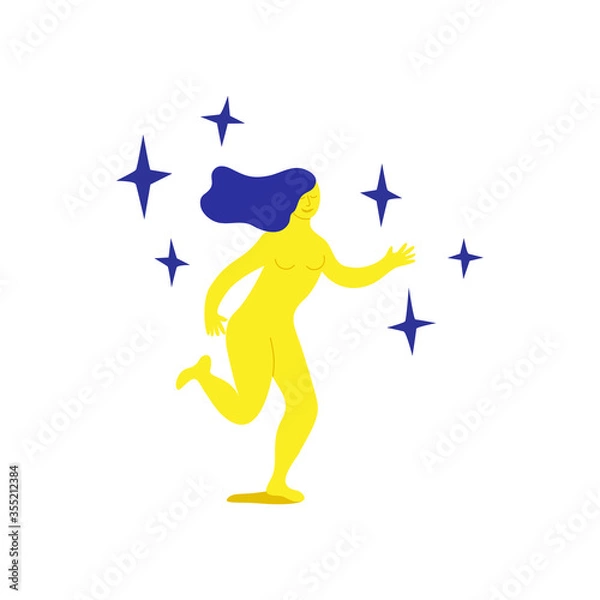 Obraz Attractive running woman among the stars. Cartoon flat vector Illustration for party invitation, poster, banner