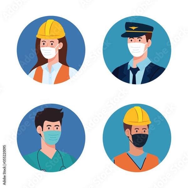 Obraz people workers with uniforms and workermasks vector design