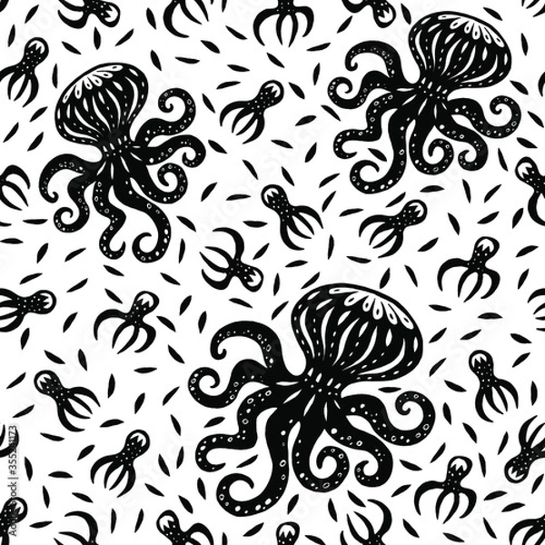 Fototapeta Octopus hand drawn illustrations isolated on white background seamless pattern. Modern vector clipart for packaging, textile design. Isolated decorative elements in cut out folk style.