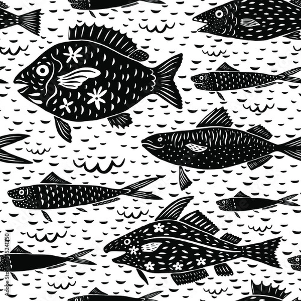 Fototapeta Red Snapper in modern cartoon folk style seamless pattern. Isolated sardines, fish silhouettes on white background, vector illustration for restaurant menu, marine decor.