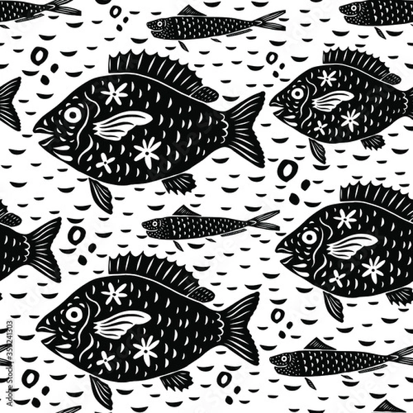 Fototapeta Red Snapper in modern cartoon folk style seamless pattern. Isolated sardines, fish silhouettes on white background, vector illustration for restaurant menu, marine decor.