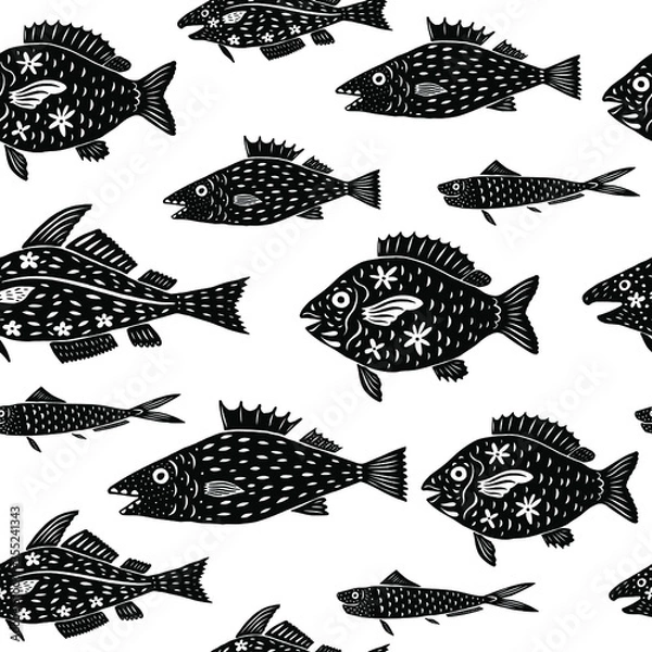 Fototapeta Red Snapper in modern cartoon folk style seamless pattern. Isolated sardines, fish silhouettes on white background, vector illustration for restaurant menu, marine decor.