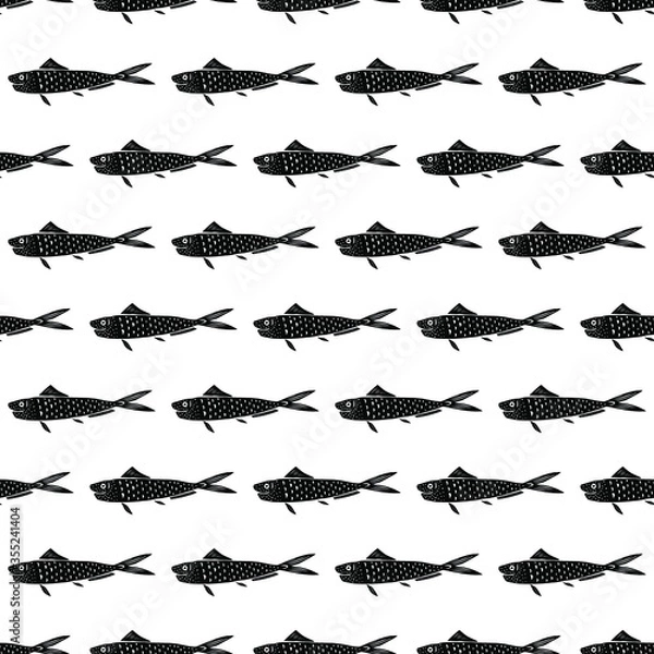 Fototapeta Sardines in modern style seamless pattern. Isolated fish silhouettes on white background, vector illustration for restaurant menu, marine decor.